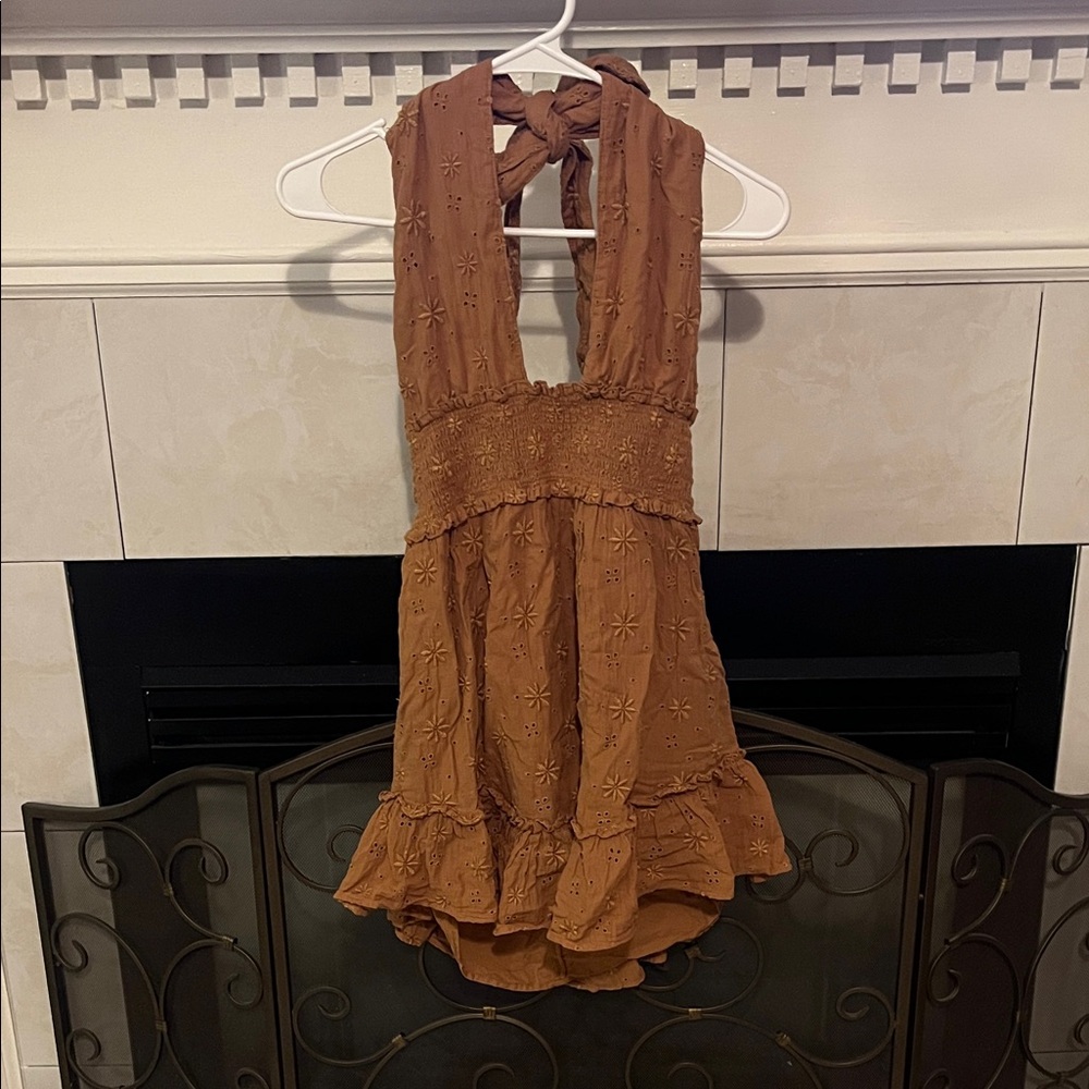 Aerie Brown Halter Dress with Embroidery